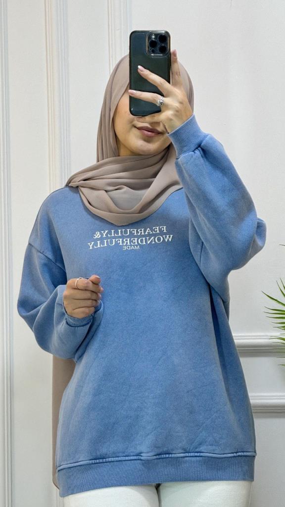 Dark grey casual winter blouse with white writing on the chest model G1589 - Light Blue