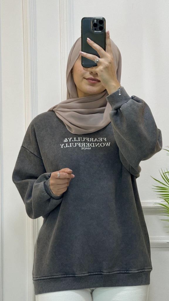 Dark grey casual winter blouse with white writing on the chest model G1589 - Gray