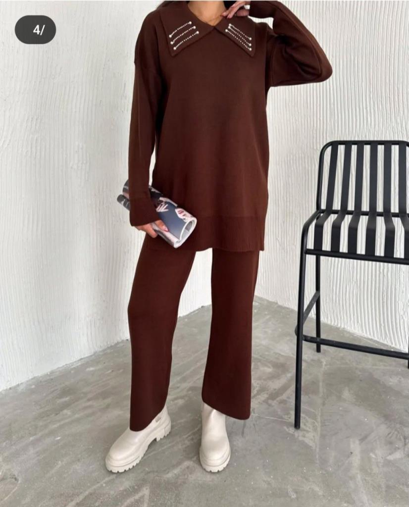 New season women's winter stylish and comfortable knitwear bottom and top set suitable for daily use model G1832 - Brown