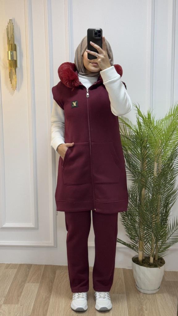 New season women's winter stylish and modest 3-piece suit suitable for daily use model G1857 - Burgundy