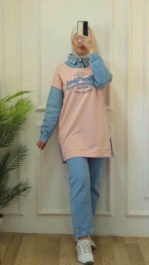 kadın tesettürlü kot takım model G2639 - PEMBE