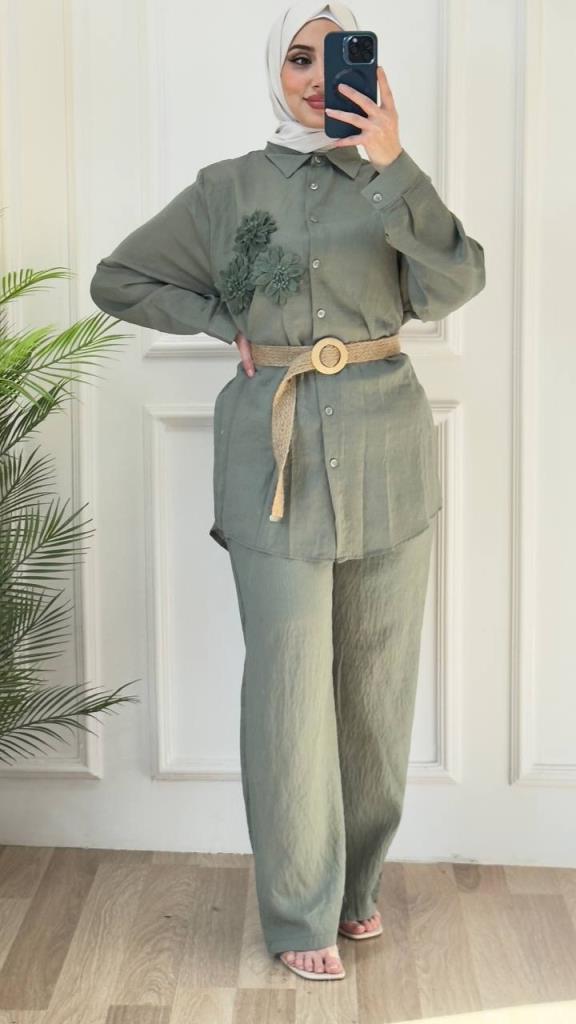women's 3-piece top and bottom hijab suit model G2872 - Green women's 3-piece top and bottom hijab suit model G2872 - Green
