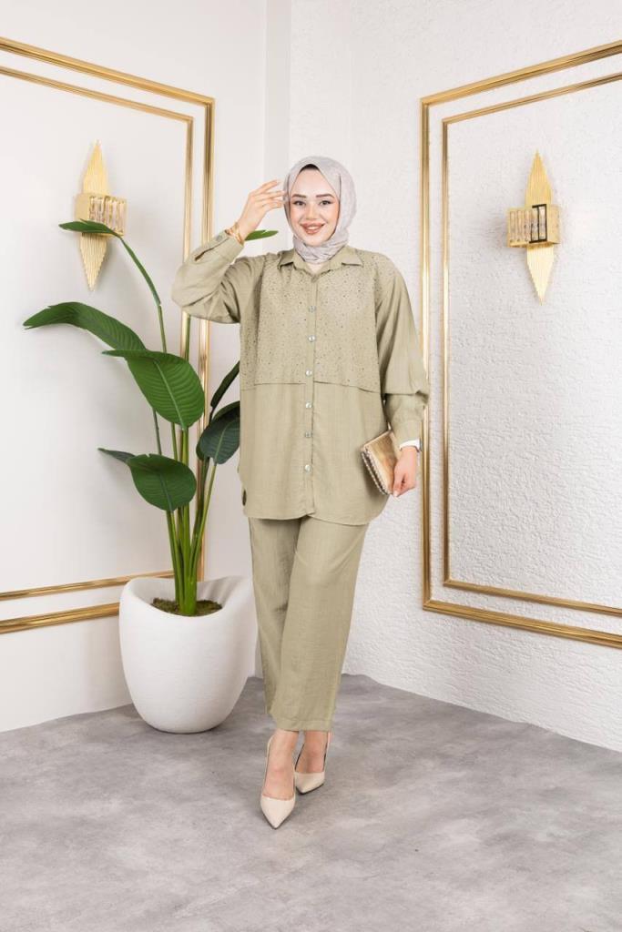 women's top and bottom hijab set model G3135 - Green