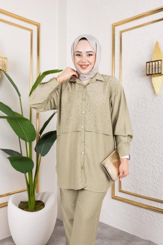 women's top and bottom hijab set model G3135 - Green women's top and bottom hijab set model G3135 - Green
