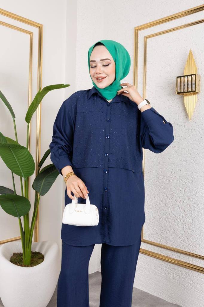 women's top and bottom hijab set model G3135 - Navy Blue
