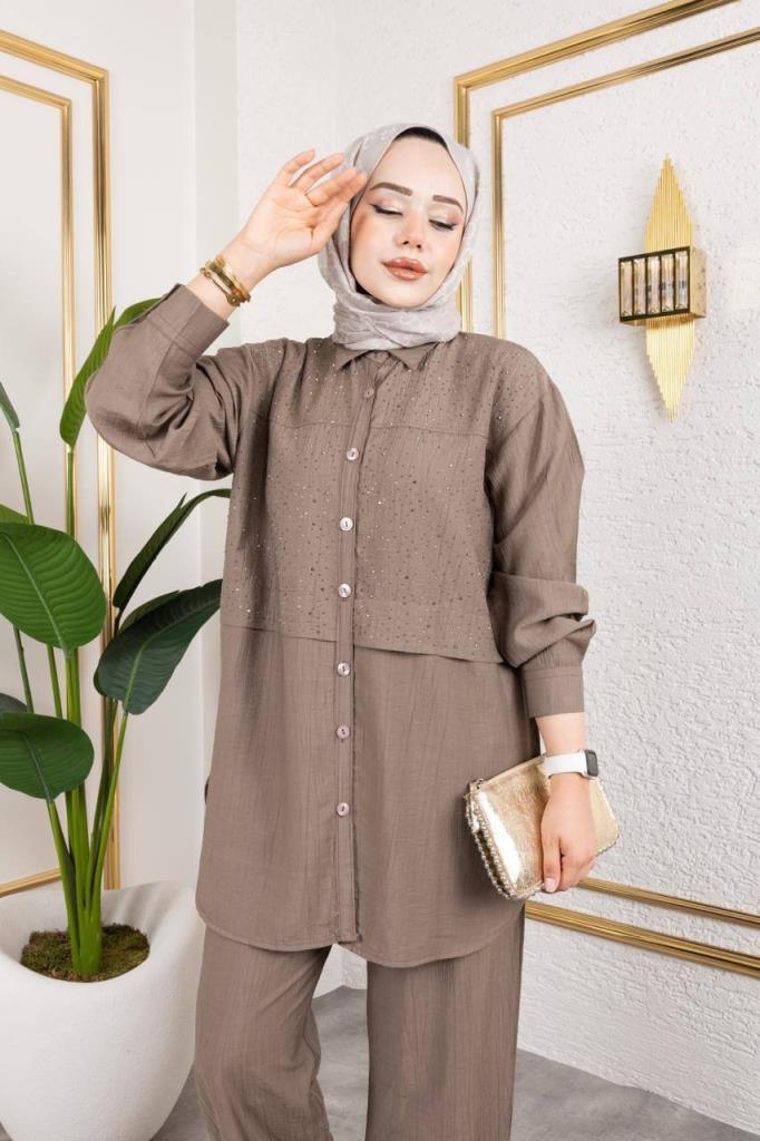women's top and bottom hijab set model G3135 - Brown