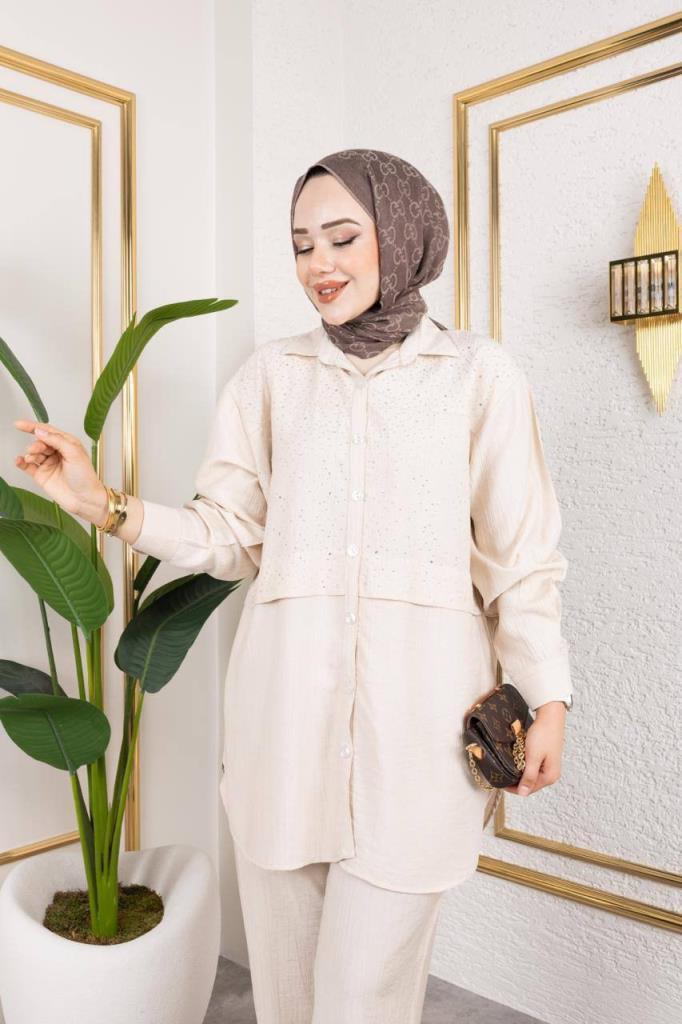 women's top and bottom hijab set model G3135 - Ecru women's top and bottom hijab set model G3135 - Ecru