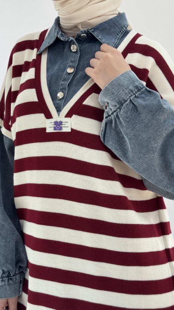 Women's stylish and comfortable winter knitted hijab suit, model G3646 - Burgundy