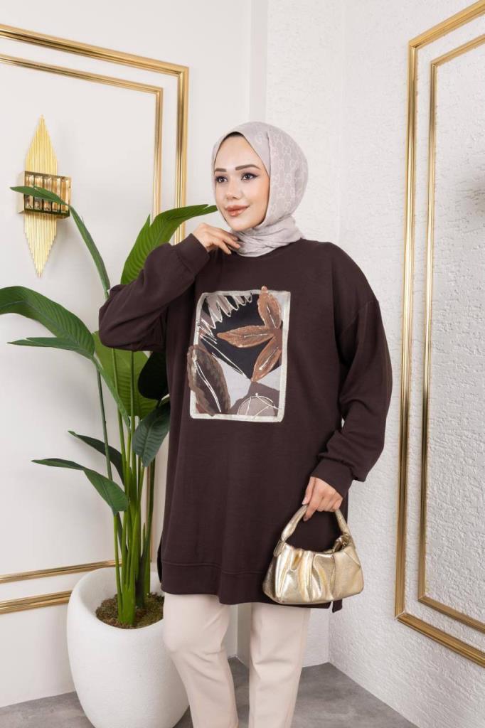 بلوزة نسائية محتشمة، موديل G3989 - بني