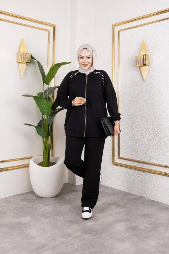 Women's modest top and bottom set, model G3996 - Black