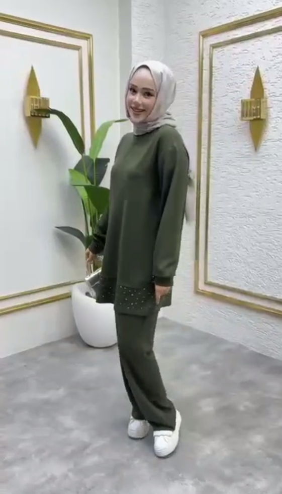 طقم حجاب نسائي، موديل G3997 - زيتي