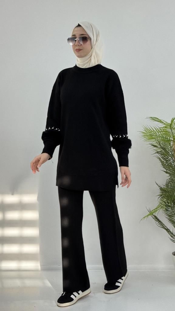 Women's Stylish and Comfortable Hijab Top and Bottom Set, Model G4073 - Black