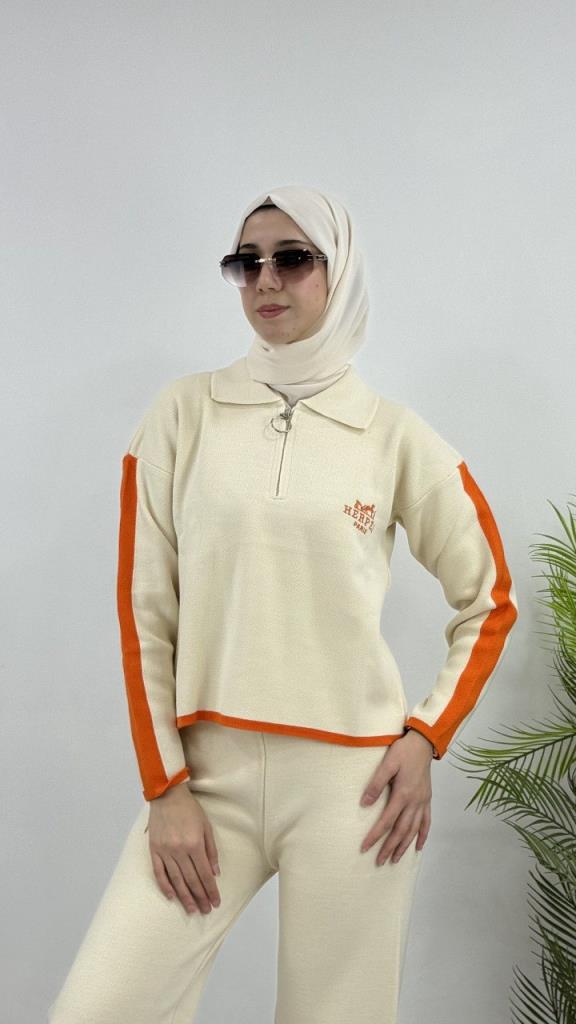 Women's Stylish and New Seasonal Top and Bottom Set, Modest Model G4071 - Ecru