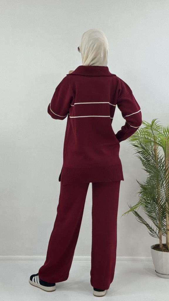 Women's new seasonal knitwear top and bottom hijab suit, model G4072 - Burgundy