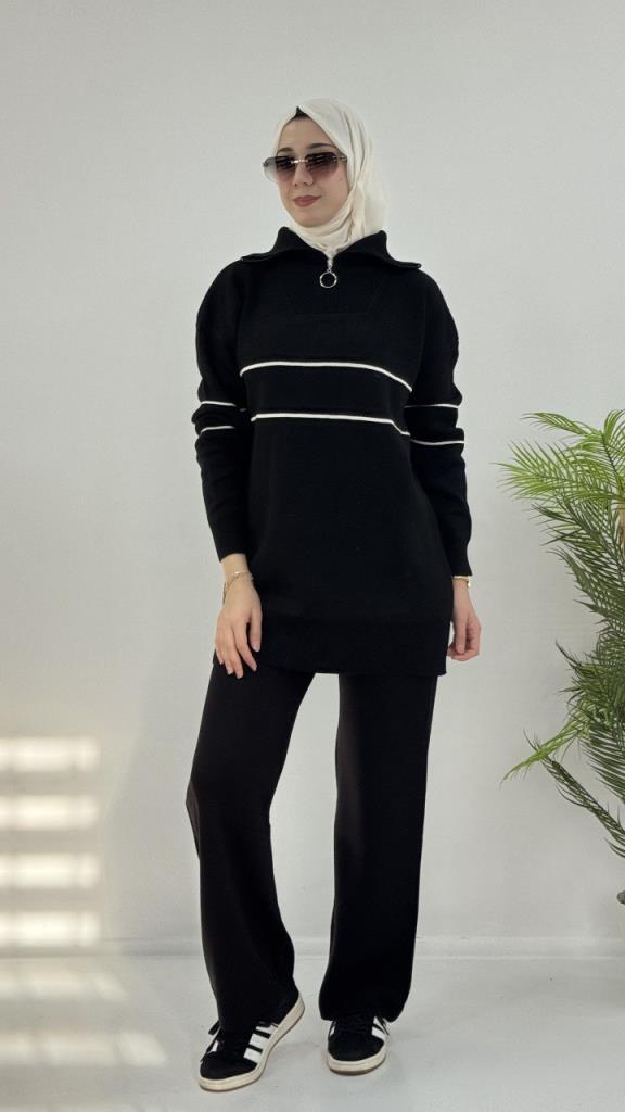 Women's new seasonal knitwear top and bottom hijab suit, model G4072 - Black