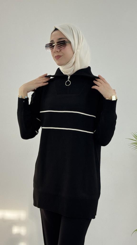 Women's new seasonal knitwear top and bottom hijab suit, model G4072 - Black