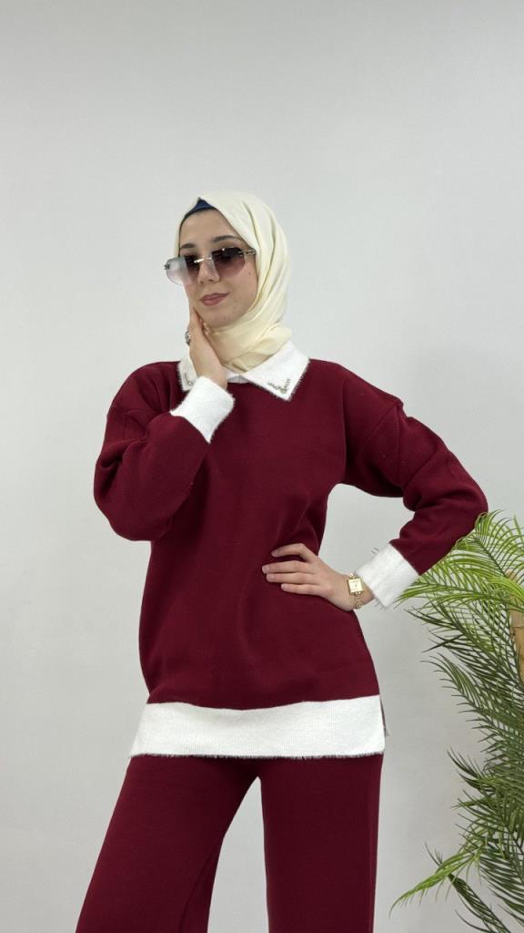 Women's hijab top and bottom set, model G4075 - Burgundy