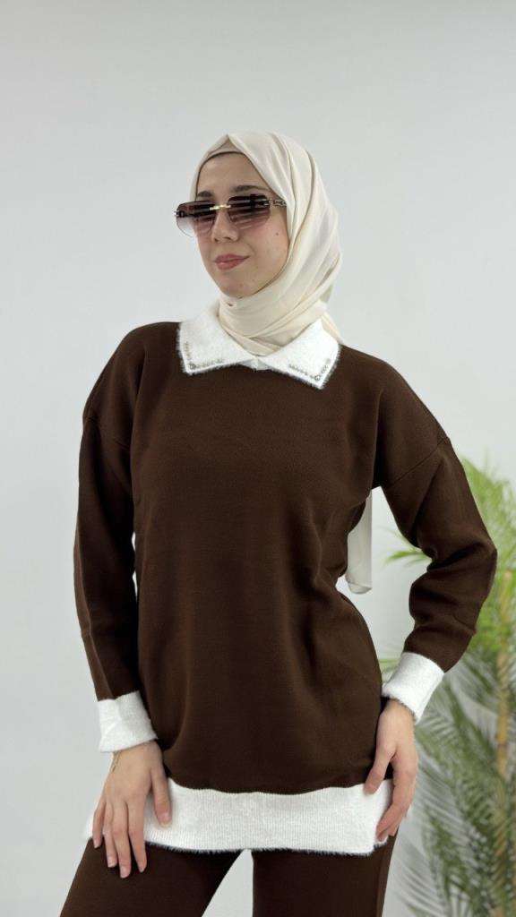 Women's hijab top and bottom set, model G4075 - Brown