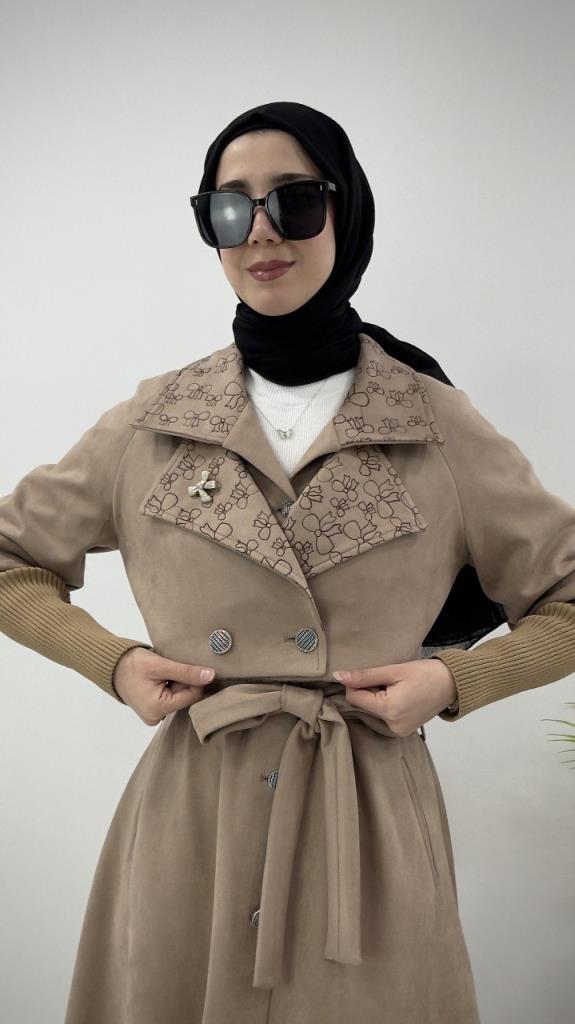 kadın süet uzun mont 2 parçalıdır model G4265 - BEJ