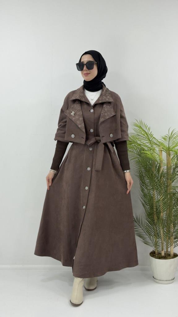 Women's suede long coat, 2-piece, model G4265 - Brown