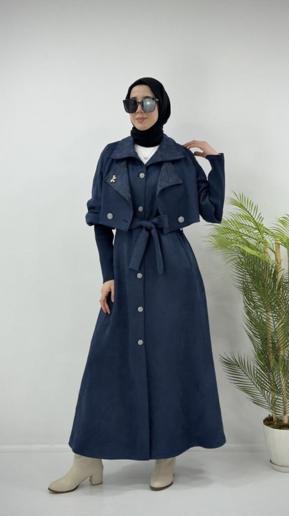 Women's suede long coat, 2-piece, model G4265 - Navy Blue