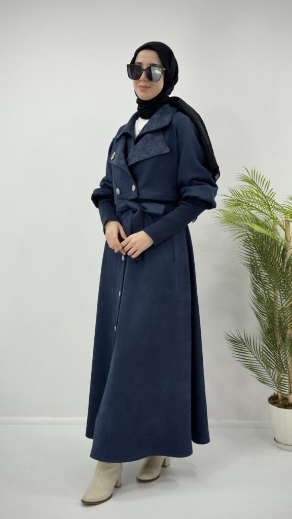 kadın süet uzun mont 2 parçalıdır model G4265 - LACİVERT