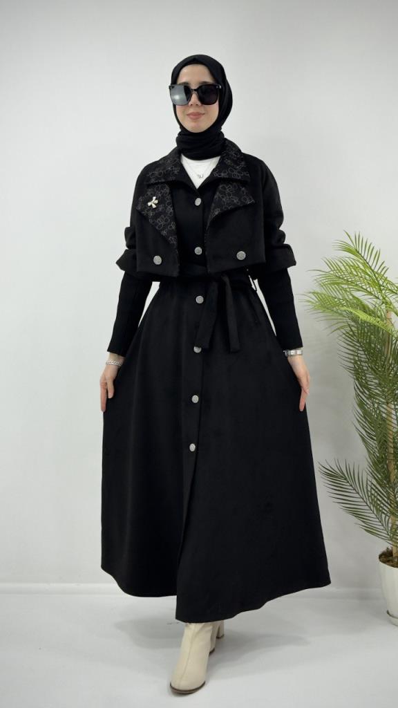 Women's suede long coat, 2-piece, model G4265 - Black