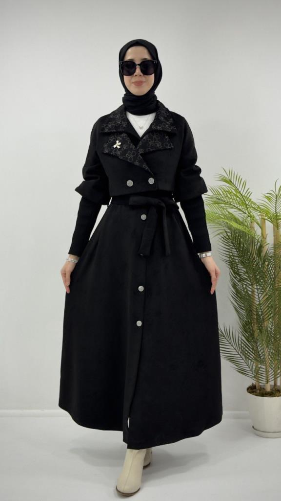 kadın süet uzun mont 2 parçalıdır model G4265 - SİYAH