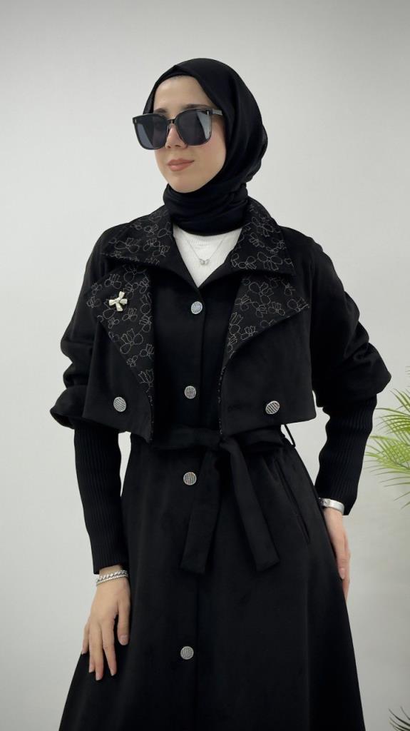 kadın süet uzun mont 2 parçalıdır model G4265 - SİYAH