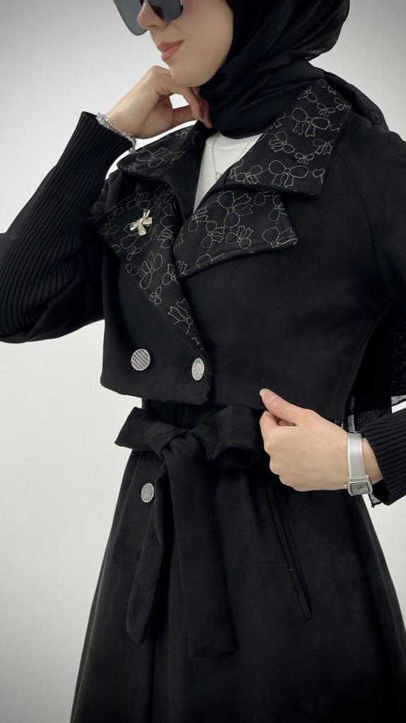 kadın süet uzun mont 2 parçalıdır model G4265 - SİYAH