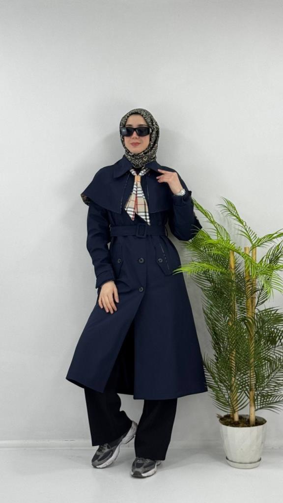 Women's new season trench coat with tie G4480 - Navy Blue