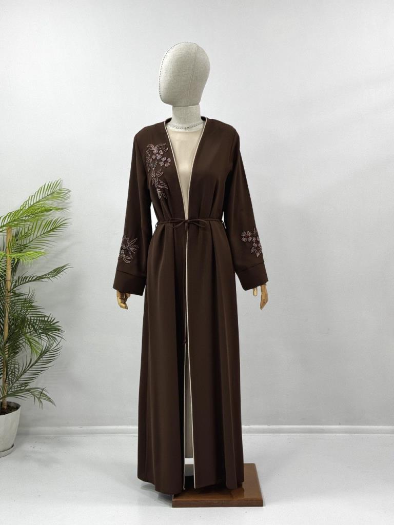 Women's new season abaya with floral detail G4684 - Brown