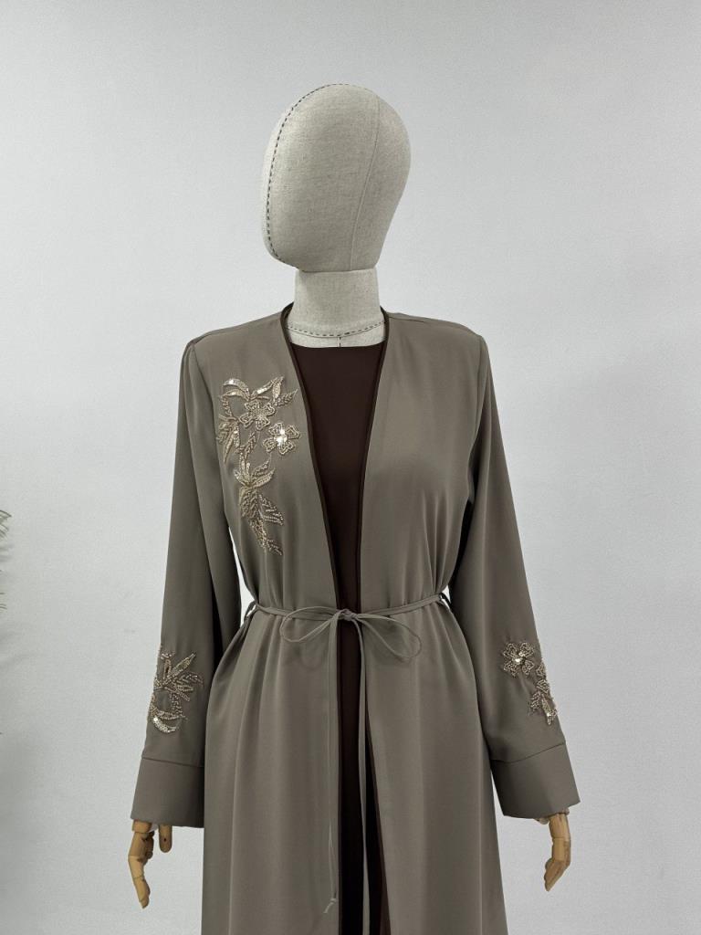 Women's new season abaya with floral detail G4684 - Beige