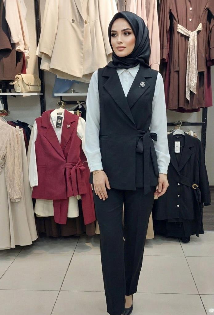 Women's stylish 3-piece modest set G4695 - Black