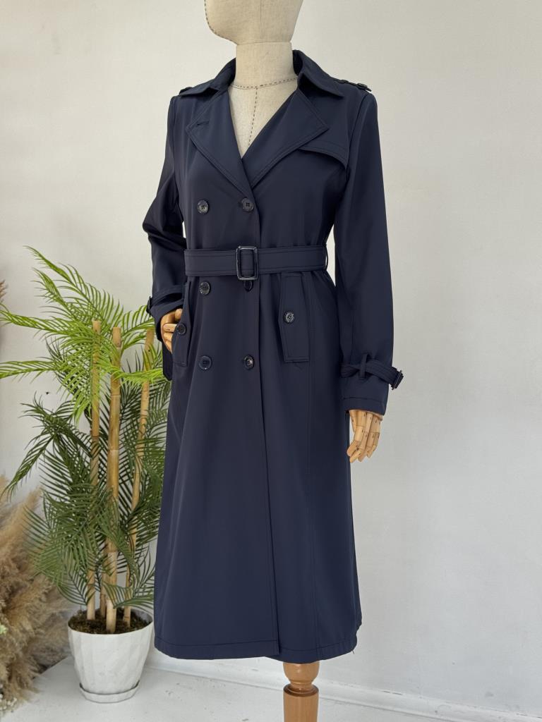 Women's Double-Breasted Trench Coat with Belt G4727 - Navy Blue