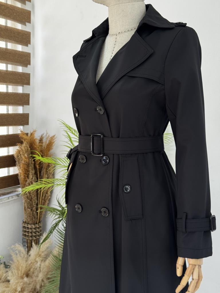 Women's Double-Breasted Trench Coat with Belt G4727 - Black