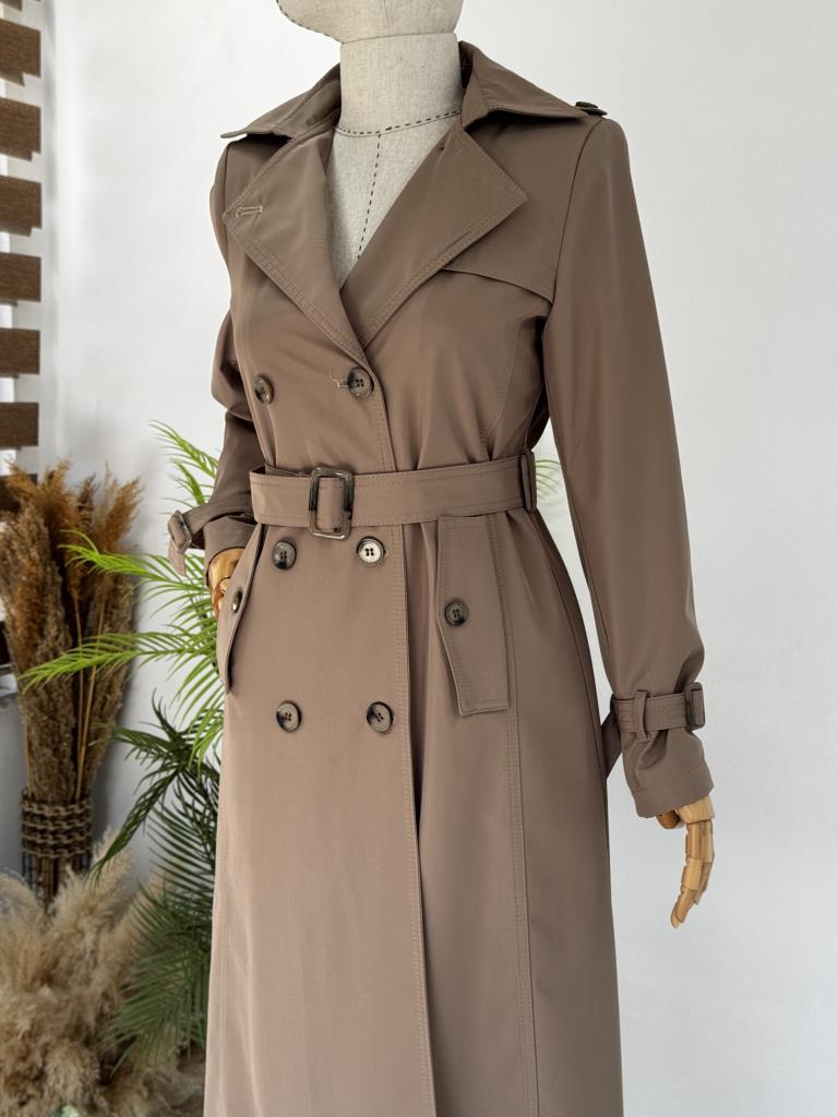 Women's Double-Breasted Trench Coat with Belt G4727 - Tan