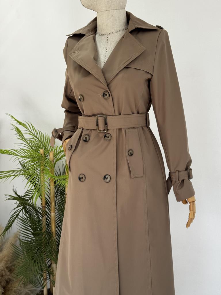 Women's Double-Breasted Trench Coat with Belt G4727 - Tan