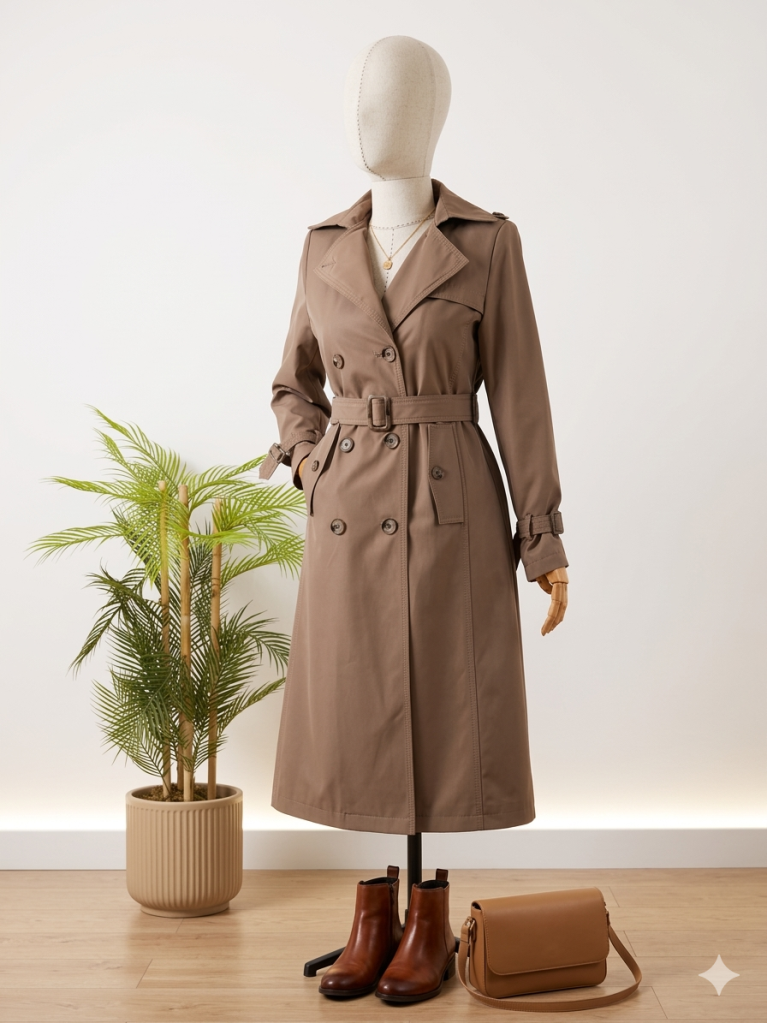 Women's Double-Breasted Trench Coat with Belt G4727 - Tan