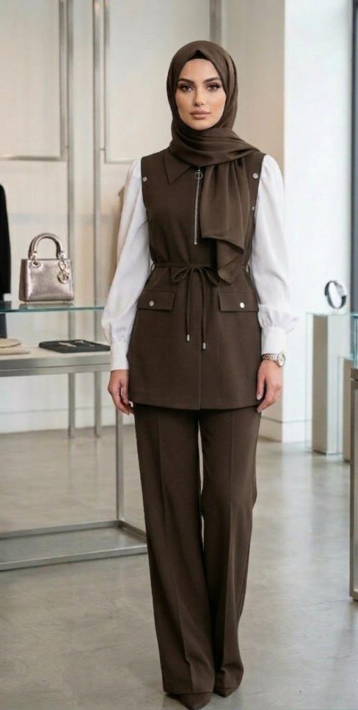 kadın tesettürlü 2 parçalı takım G4755 - KAHVE RENGİ