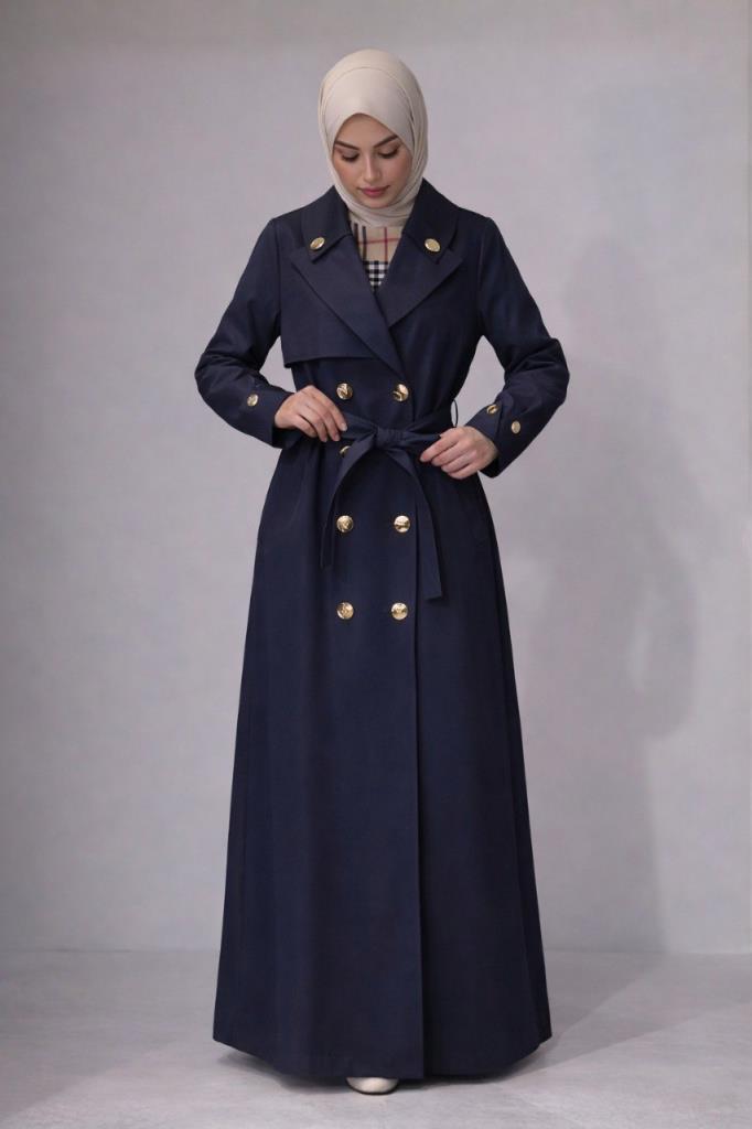 Women's long linen trench coat G4793 - Navy Blue