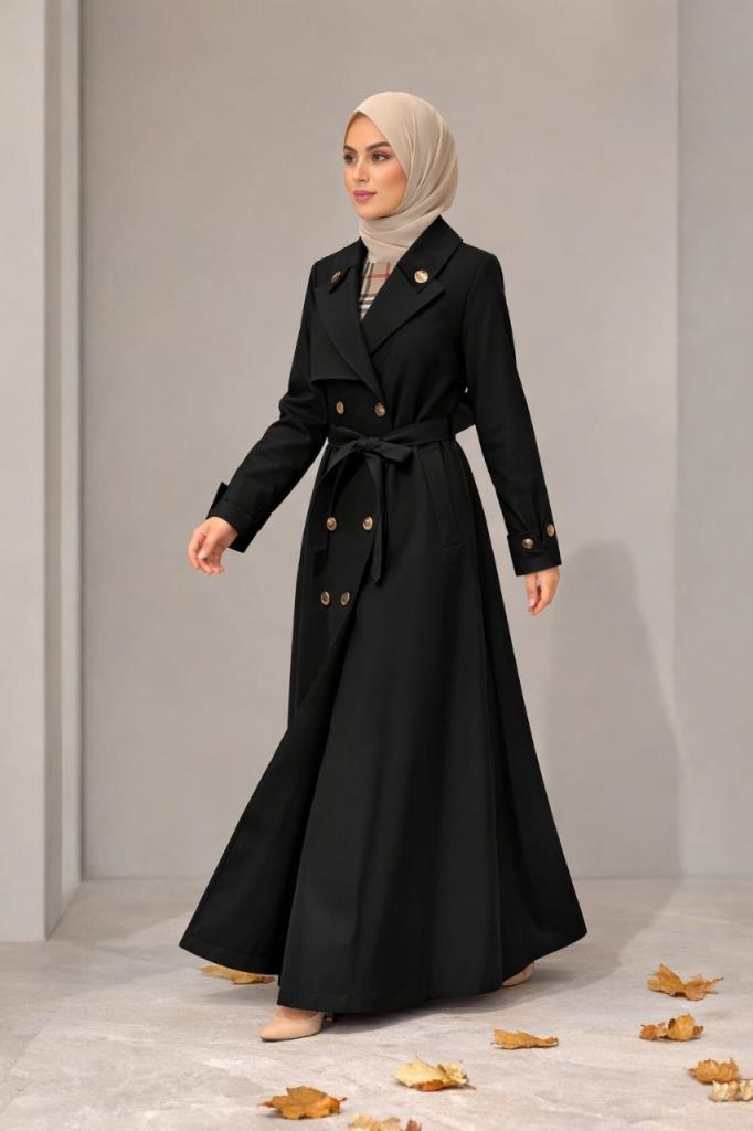 Women's long linen trench coat G4793 - Black