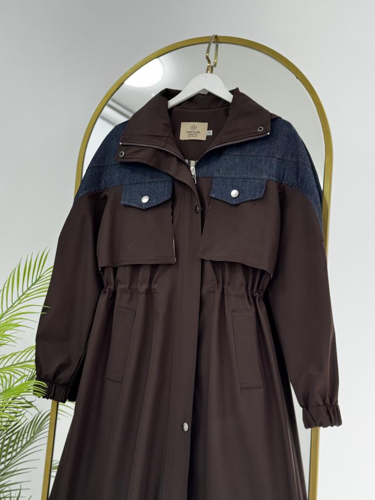 Kadın Kot Detaylı Beli Trençkot G4858 - KAHVE RENGİ