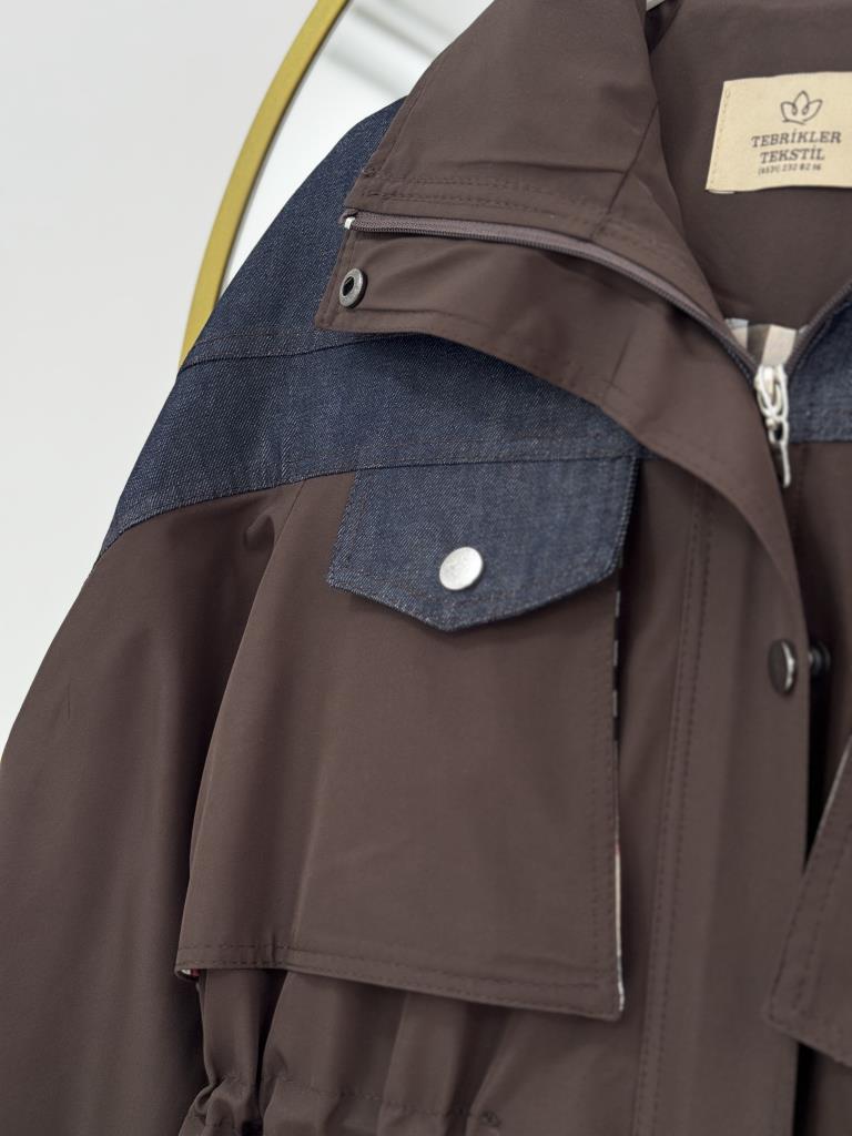 معطف نسائي بتفاصيل جينز عند الخصر G4858 - بني