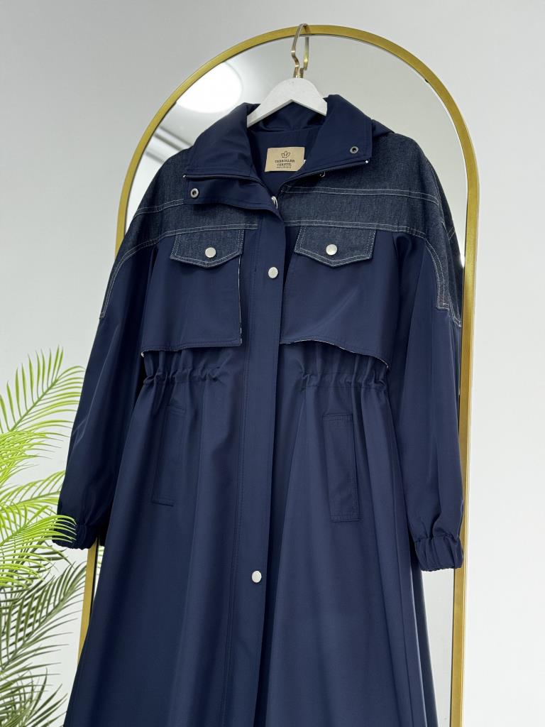 معطف نسائي بتفاصيل جينز عند الخصر G4858 - كحلي