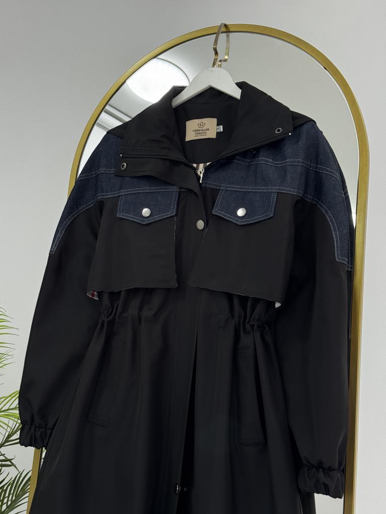 Kadın Kot Detaylı Beli Trençkot G4858 - SİYAH