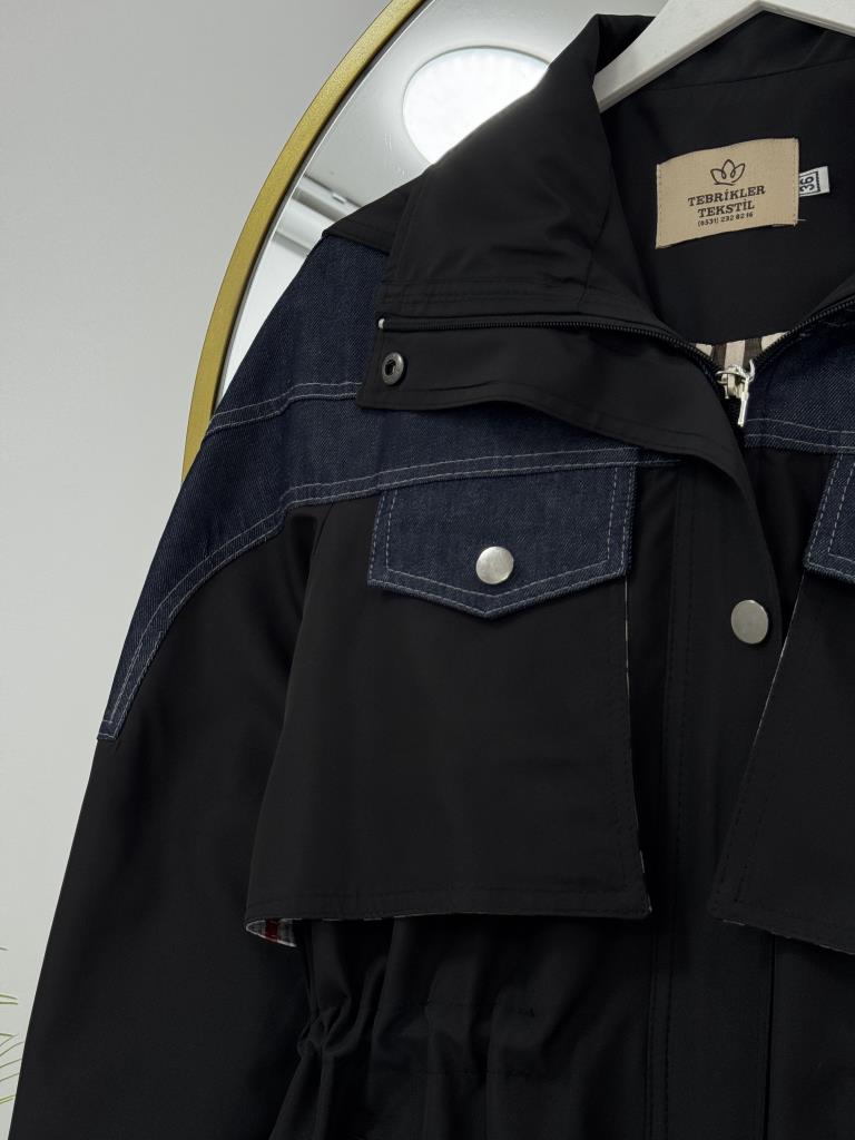 Kadın Kot Detaylı Beli Trençkot G4858 - SİYAH