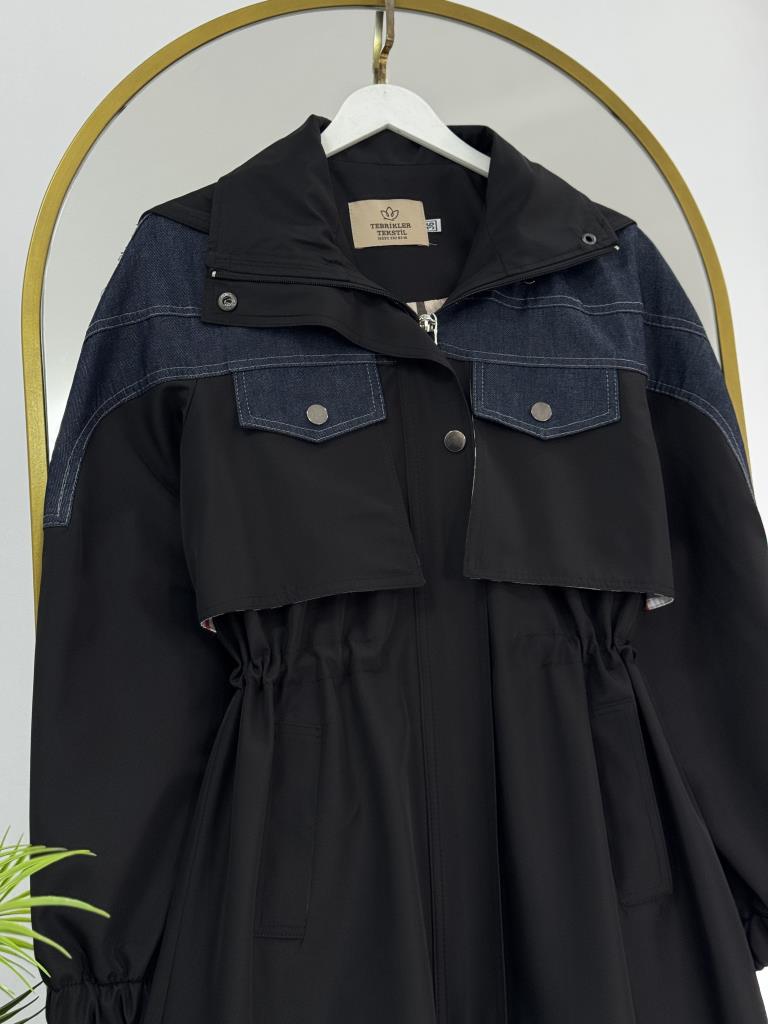 Kadın Kot Detaylı Beli Trençkot G4858 - SİYAH