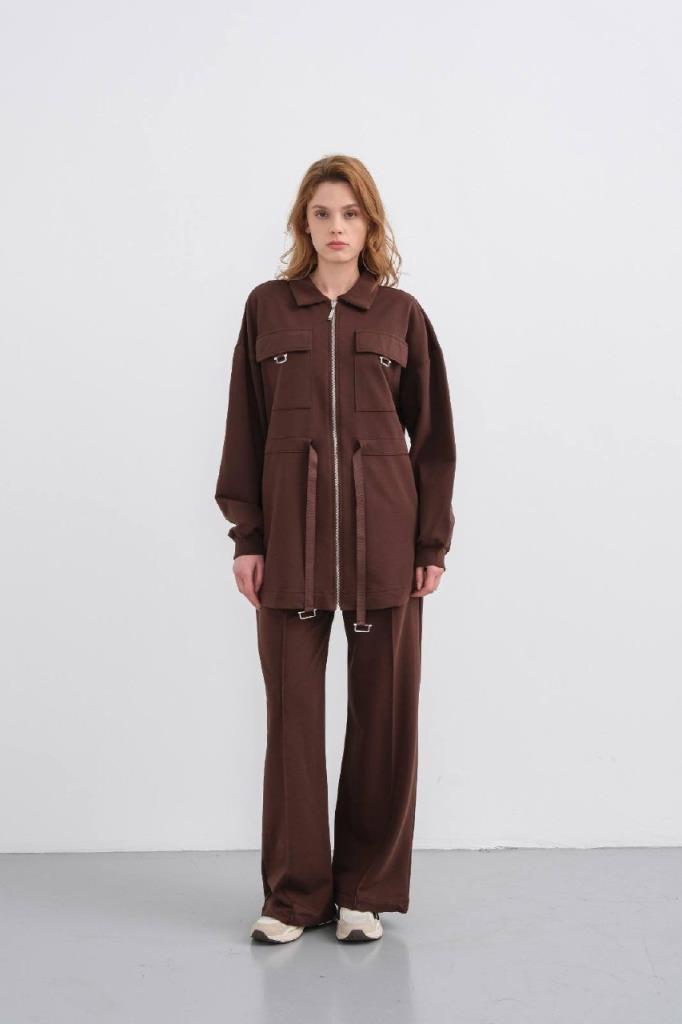Women's Pocket Detail Zippered Tunic and Pants Set G4881 - Brown