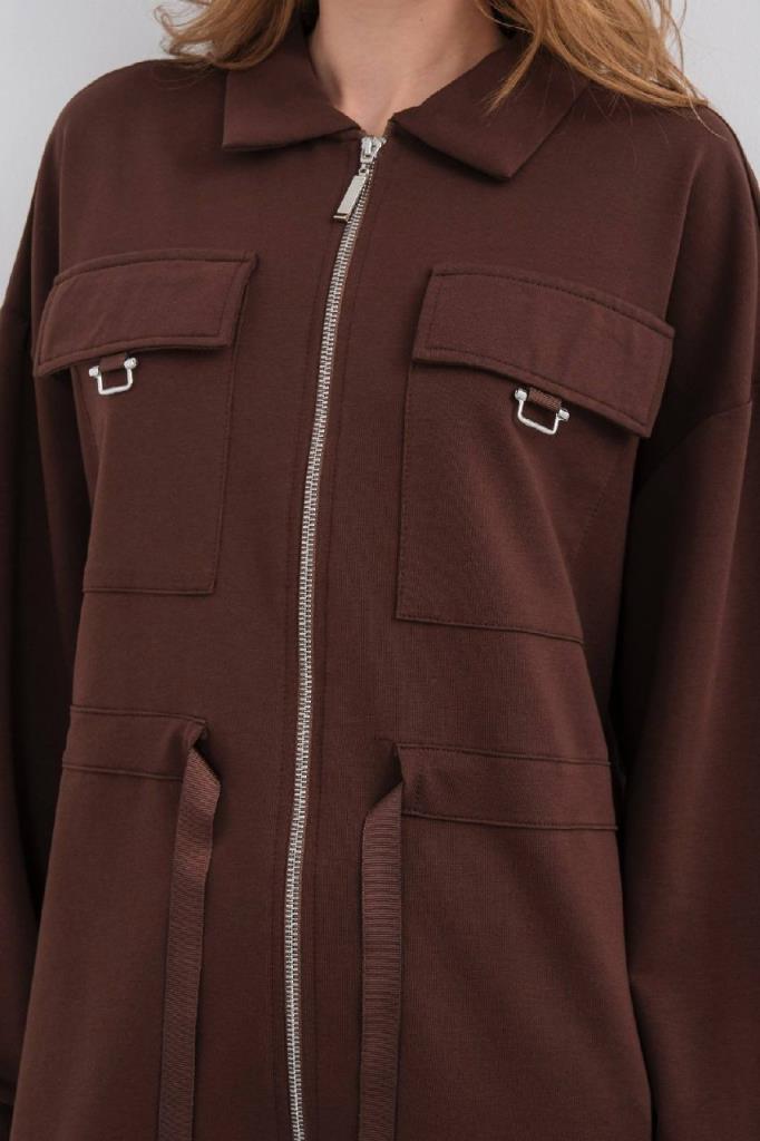 Women's Pocket Detail Zippered Tunic and Pants Set G4881 - Brown